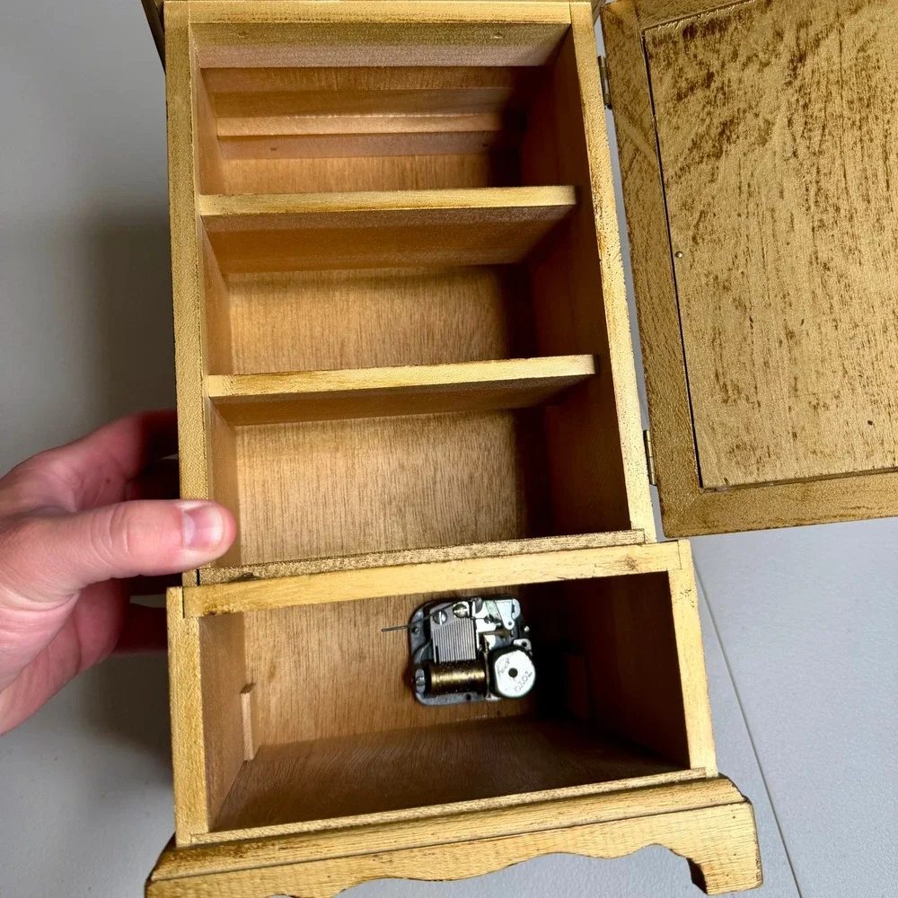Vintage Toyo Japan Musical Jewelry Box Armoire Gold Wood Portrait 4 Drawer 12.5